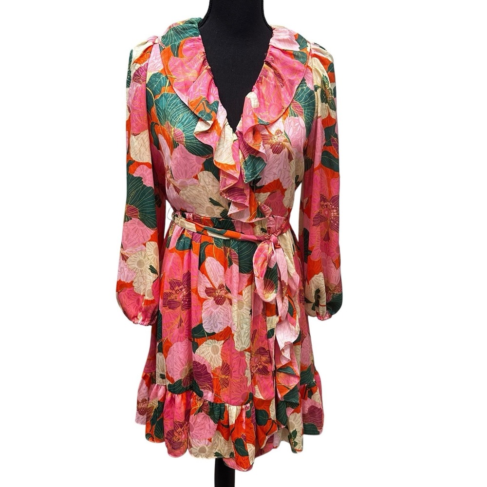 Tanya Taylor Womens Size 2 Floral Mini Faux Wrap Dress V-Neck Long Sleeve